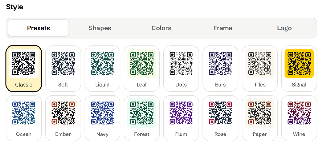 The QR code generator on guaranteedqr.com, with its style presets.